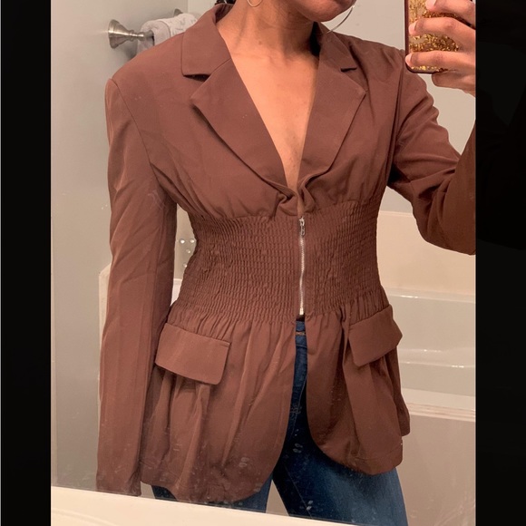 Brown Lapel Neck Shirred Waist Blazer, Size S - Picture 1 of 3